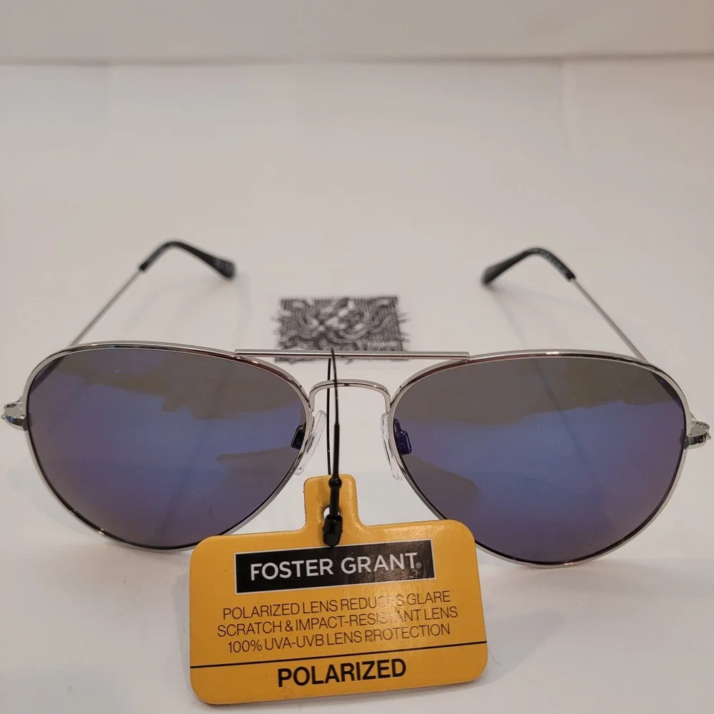 Foster Grant Sunglasses Men Polarized Aviator Silver Blue Mirrored‎ SR1124 FF09